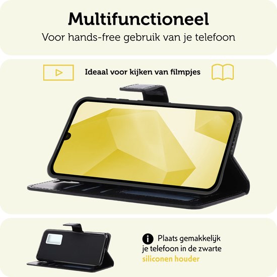 Étui de téléphone noir avec téléphone, debout dans la fonction de support, avec un support en silicone noir intégré