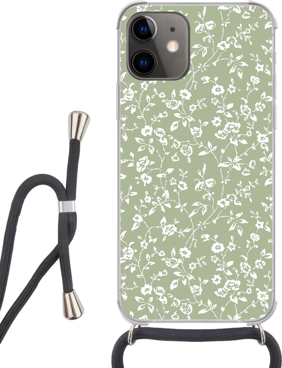 Telefoonhoesje Geschikt voor iPhone 11 - Bloemen - Print - Groen - Wit - Siliconen - Crossbody - Backcover met Koord - Telefoonhoesje met koord - Hoesje met touw Telefoonhoesje