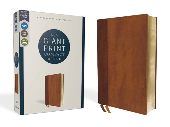 NIV Giant Print Compact Bijbel in bruin Leathersoft met rode letters en Comfort Print. Kaft sluit met lint.