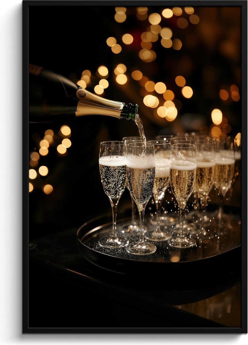 FrameYourWall Fotolijst inclusief poster - Posterlijst 80x120 cm - Posters - Lichtjes - Champagne - Dienblad - Glazen - Foto in lijst - Keuken decoratie muur - Wanddecoratie accessoires - Muurdecoratie - Schilderijen Champagne - Glazen