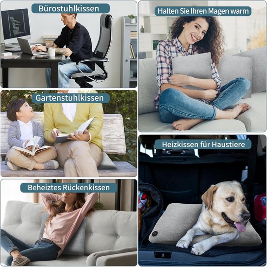 Mensen en hond gebruiken het grijze kussen voor warmte in kantoor, tuin en auto.