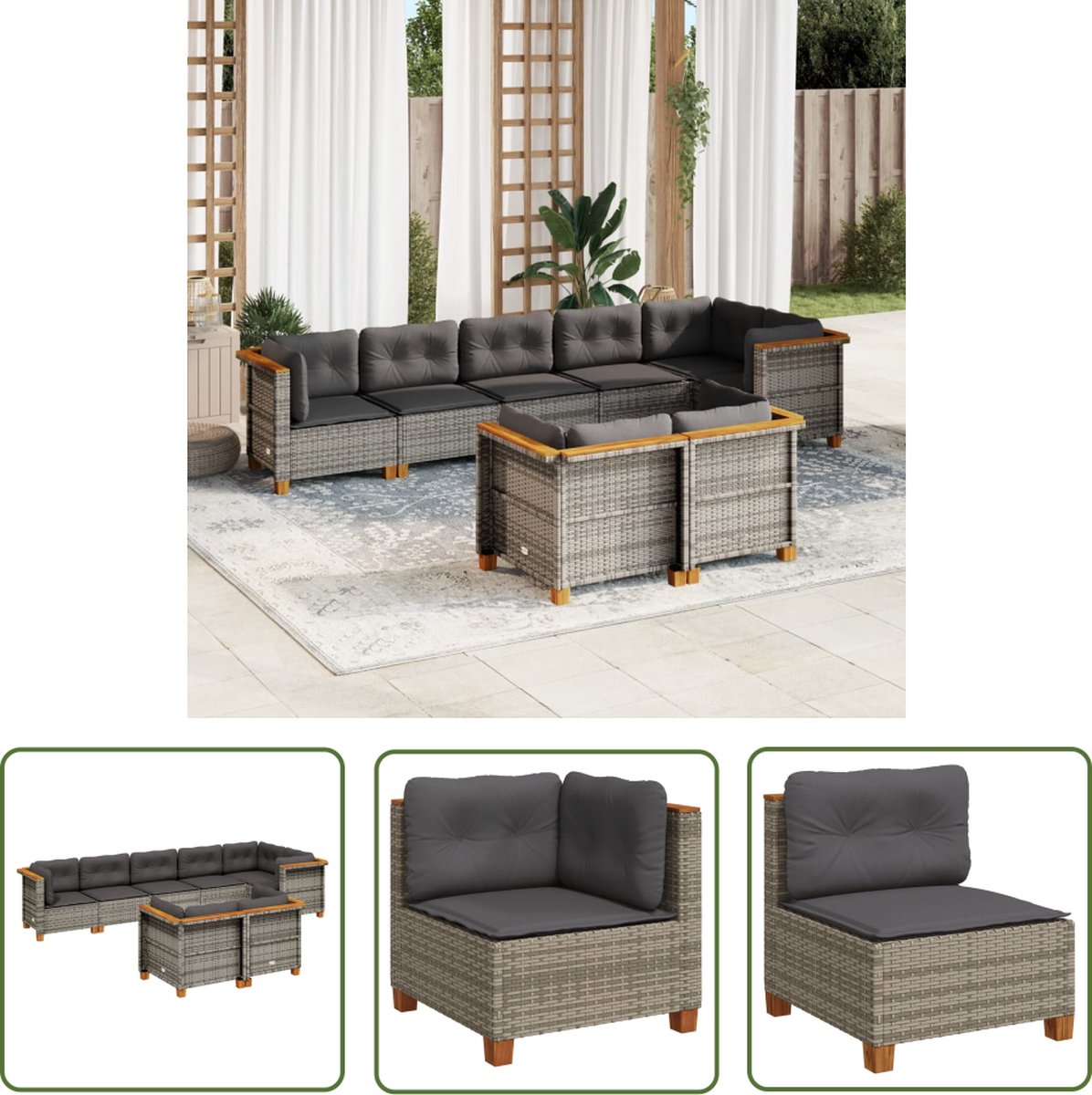 The Living Store 8-delige Loungeset met kussens poly rattan grijs - Loungeset - Tuinset - Tuinmeubels - Lounge Set - Outdoor Furniture