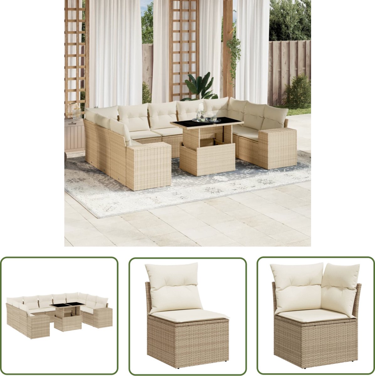 The Living Store 10-delige Loungeset met kussens poly rattan beige - Loungebank - Lounge Set - Tuinlounge - Buitendecoratie - Outdoor Furniture