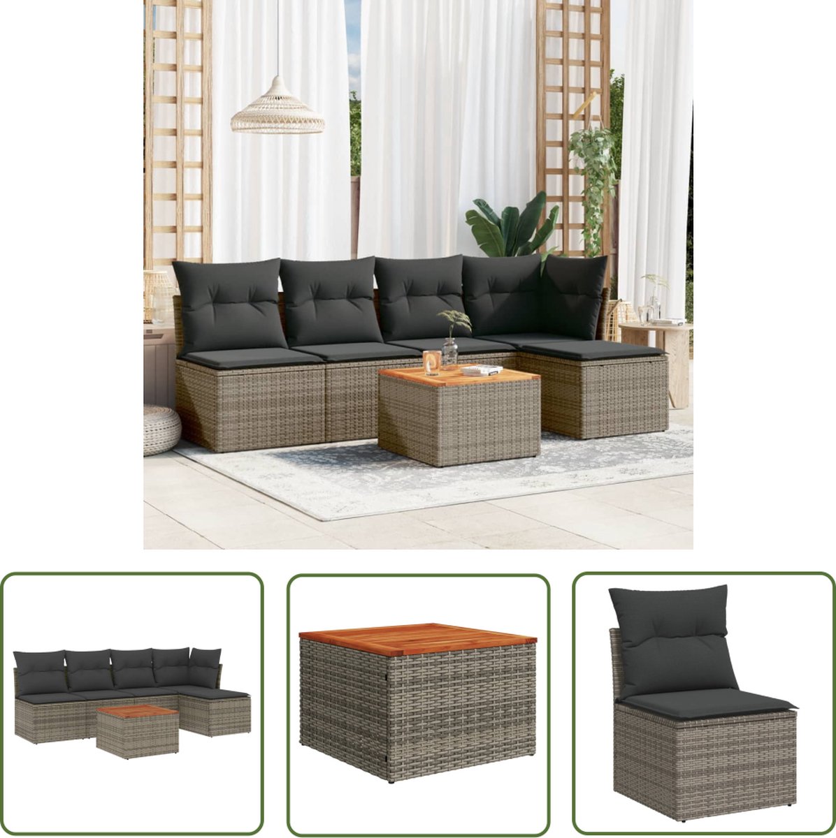 Grijze poly rattan loungeset met kussens voor buiten - The Living Store.