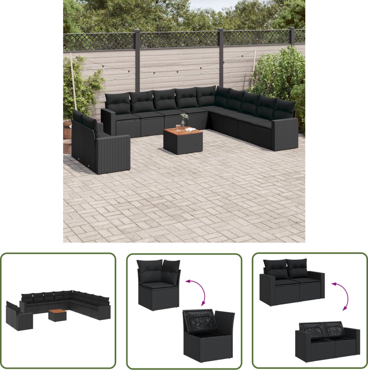 The Living Store 12-delige Loungeset met kussens poly rattan zwart - Loungebank - Lounge Set - Tuinbank - Buitentijnen - Outdoor Furniture