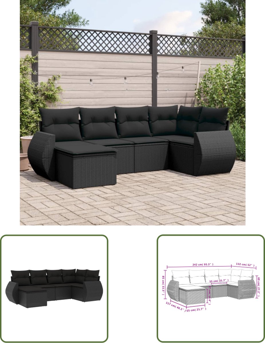 The Living Store 6-delige Loungeset met kussens poly rattan zwart - Loungeset - Tuinbank - Lounge Set - Buitendecoratie - Outdoor Furniture
