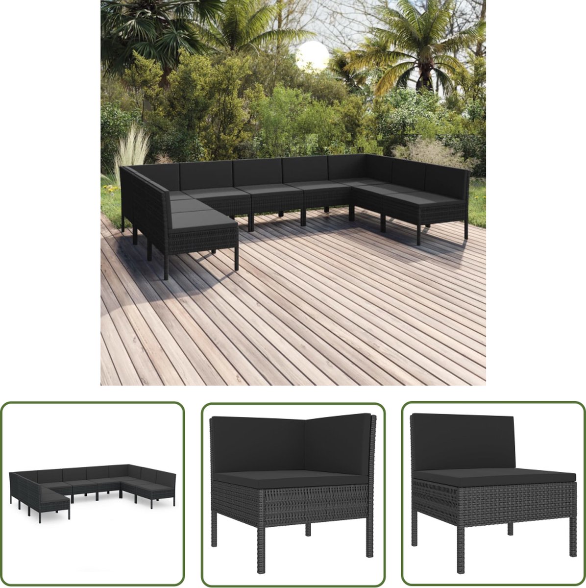The Living Store 9-delige Loungeset met kussens poly rattan zwart - Loungestoel - Tuinset - Loungegroep - Buitentijnen - Garden Furniture