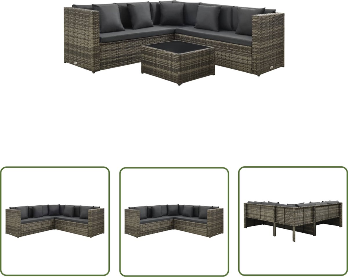 The Living Store 4-delige Loungeset met kussens poly rattan grijs - Loungeset - Tuinset - Lounge Meubilair - Buitendecoratie - Patio Furniture