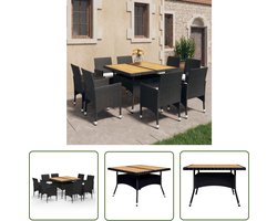 The Living Store 9-delige Tuinset poly rattan en acaciahout zwart - Eetkamerset - Salontafel - Buitentafel - Acacia Houten Meubels - Ratan Meubels