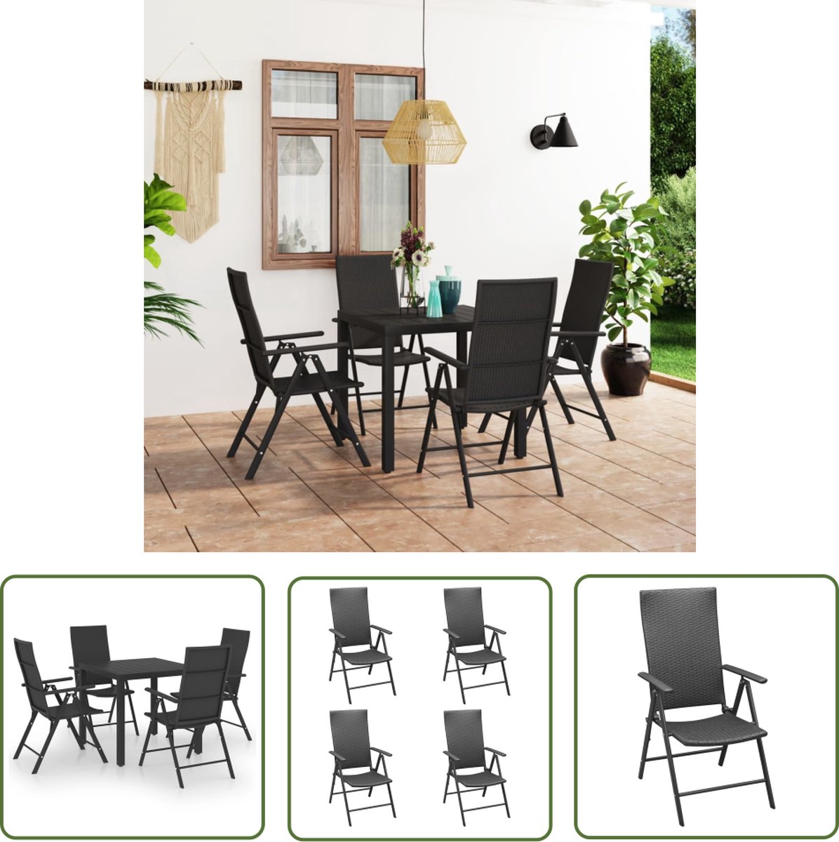 Zwarte 5-delige tuinset met eetkamer- en loungemeubilair - The Living Store
