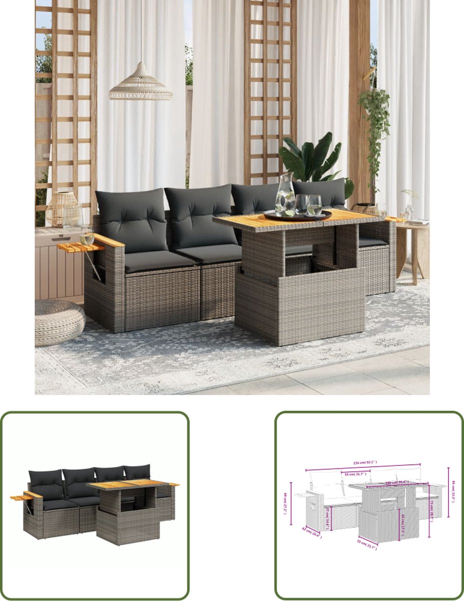 The Living Store 5-delige Loungeset met kussens poly rattan grijs - Loungeset - Tuinset - Lounge - Buitendecoratie - Tuinmeubels