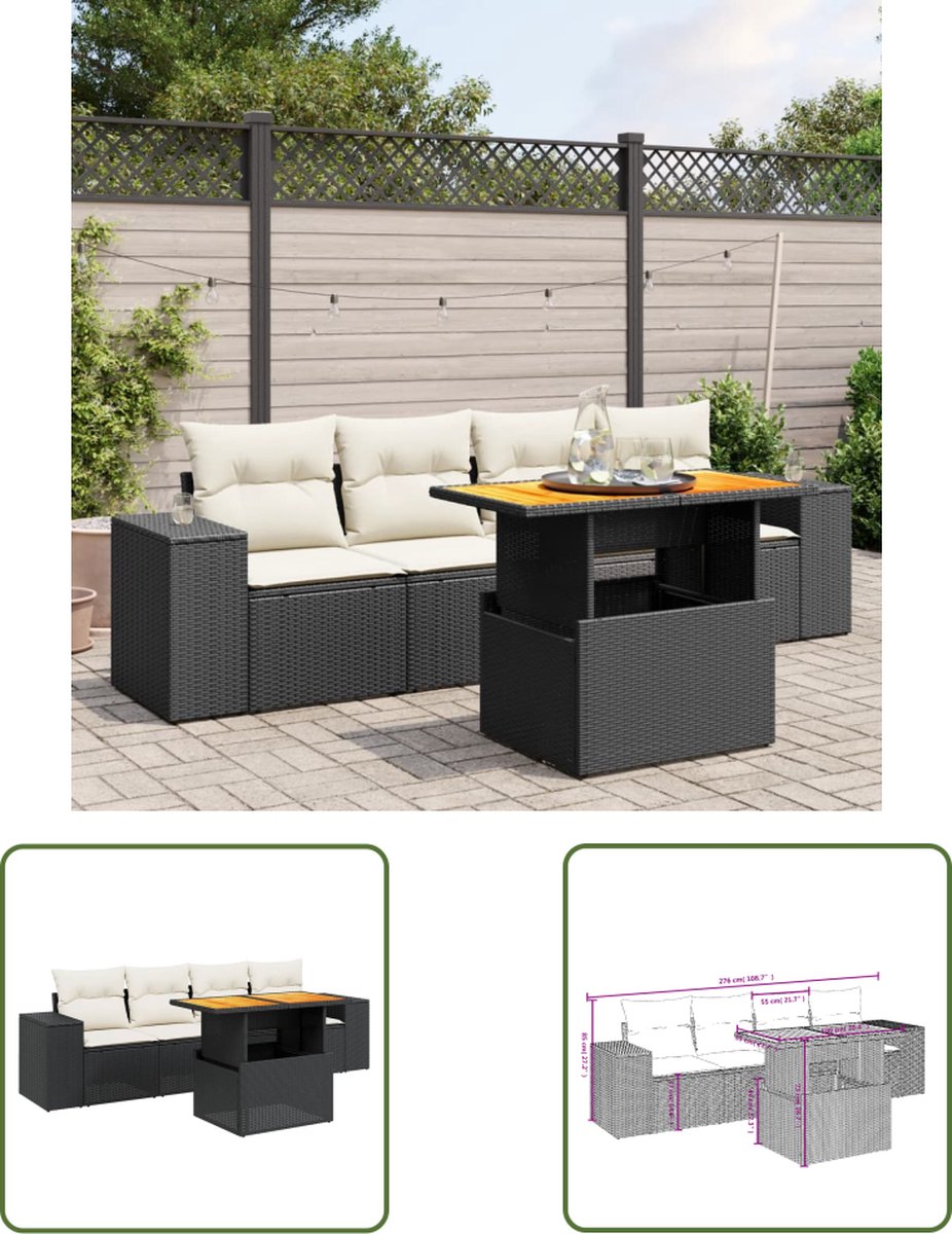 The Living Store 5-delige Loungeset met kussens poly rattan zwart - Loungeset - Tuinset - Lounge - Buitendecoratie - Tuinmeubels