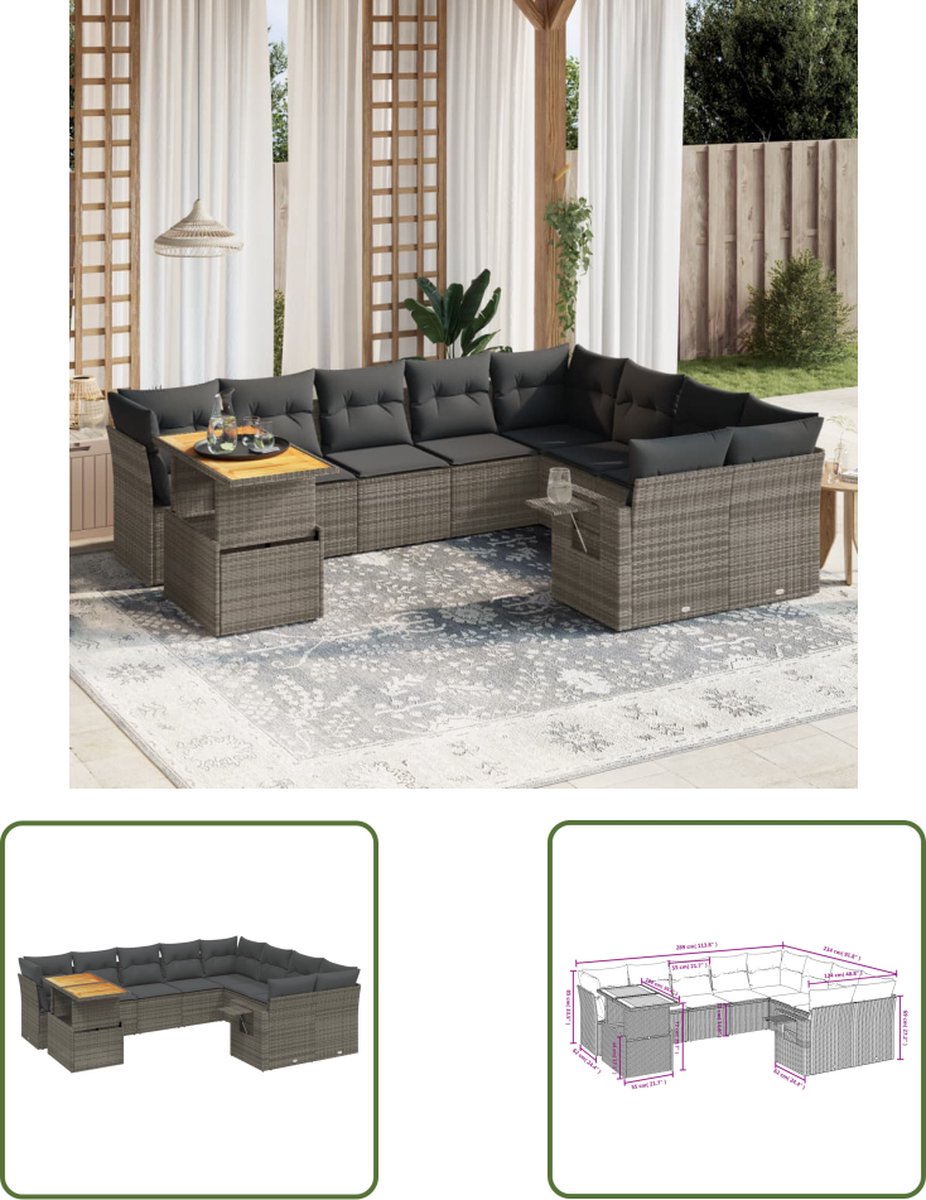 The Living Store 10-delige Loungeset met kussens poly rattan grijs - Loungebank - Tuinset - Lounge Set - Buitendecoratie - Tuinmeubels