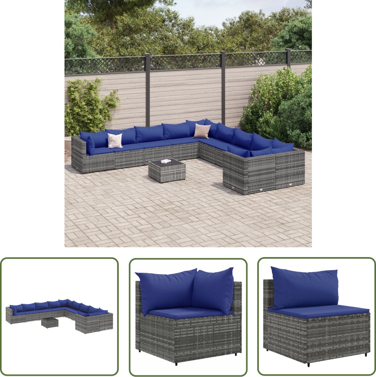 The Living Store 11-delige Loungeset met kussens poly rattan grijs - Loungeset - Loungemeubels - Buitenterras - Tuinlounge - PE-rattan