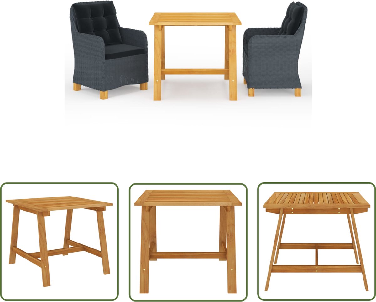 The Living Store 3-delige Tuinset donkergrijs - Tuinbank - Eetkamerset - Buis Meubilair - Acacia Hout - PE Ratan