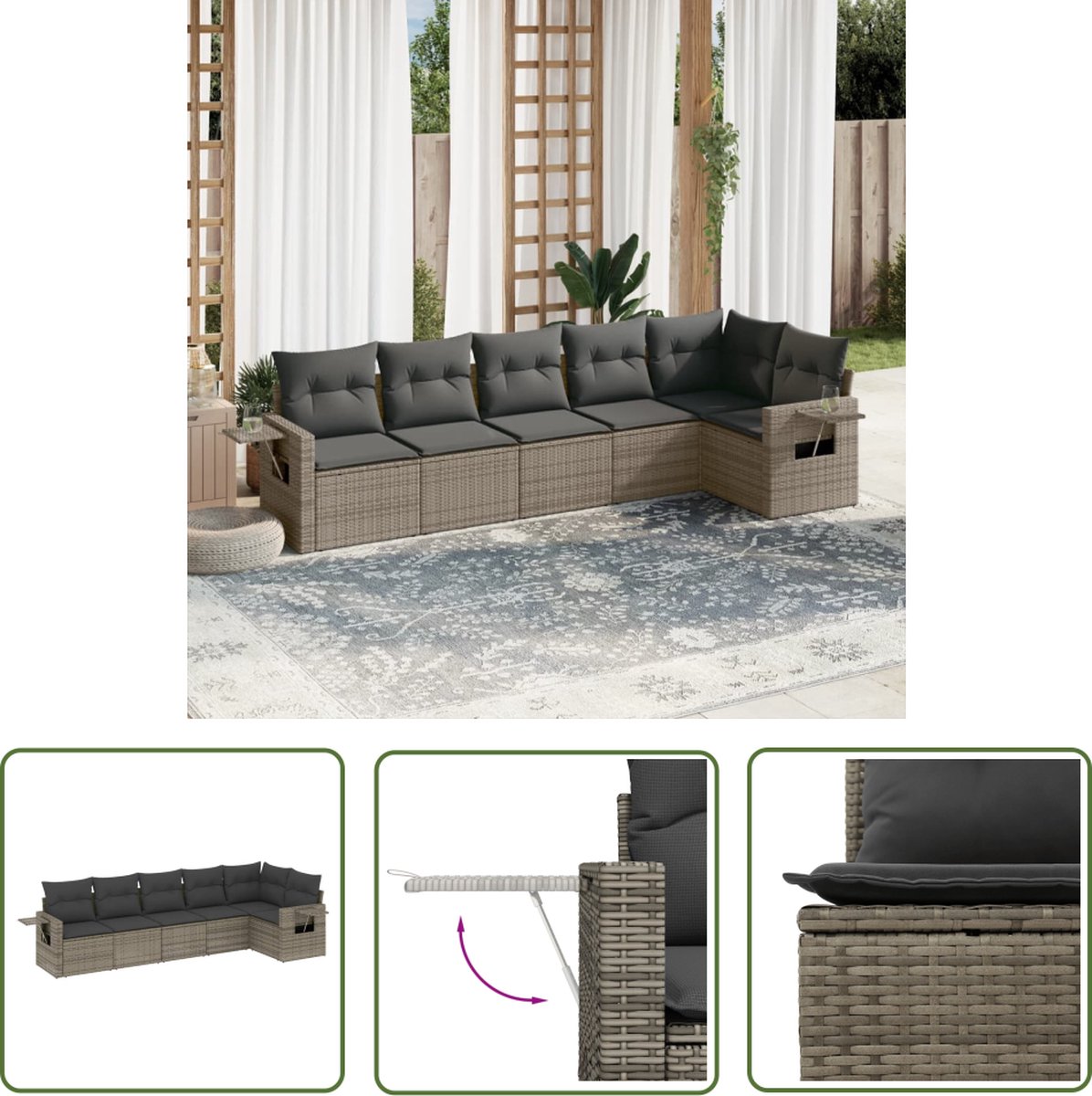 The Living Store 6-delige Loungeset met kussens poly rattan grijs - Tuinmeubelen - Lounge Set - PE-rattan - Buitendecoratie - Tuinset