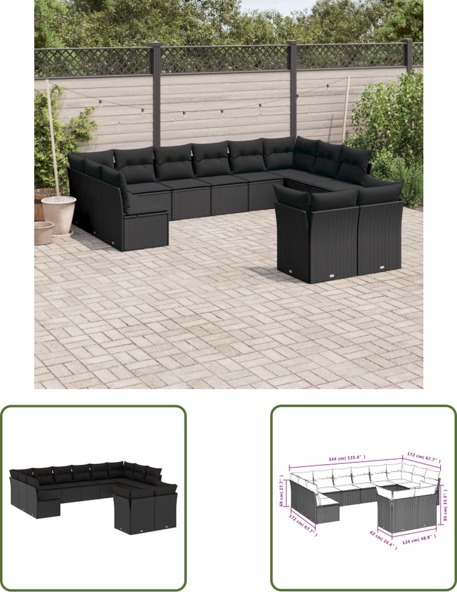 The Living Store 12-delige Loungeset met kussens poly rattan zwart - Loungeset - Tuinset - Tuinmeubels - Loungehoek - Outdoor Furniture