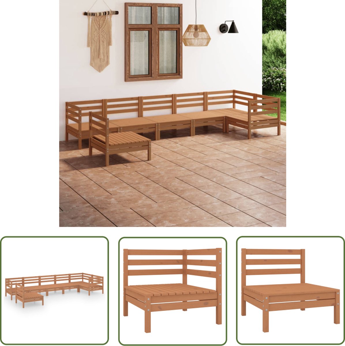 The Living Store 7-delige Loungeset massief grenenhout honingbruin - Tuinstoel - Lounge Set - Houten Bank - Outdoor Furniture - Teak Tafel
