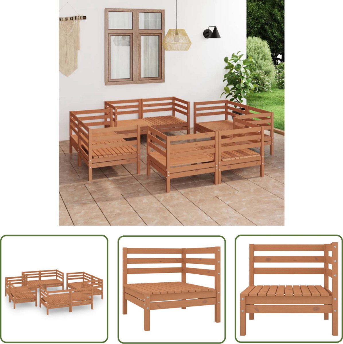 The Living Store 8-delige Loungeset massief grenenhout honingbruin - Hoekbank - Lounge Set - Tuinmeubel - Buitentijd - Hout Meubel