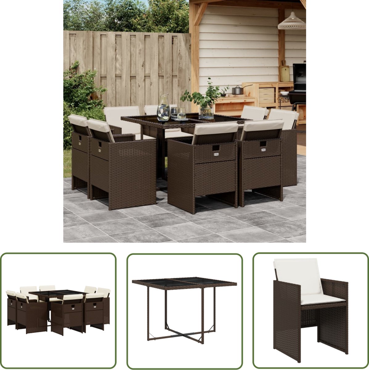 The Living Store 9-delige Tuinset met kussens poly rattan bruin - Tuinset - Buitendecor - Eetkamerset - Lounge Set - PE-rattan