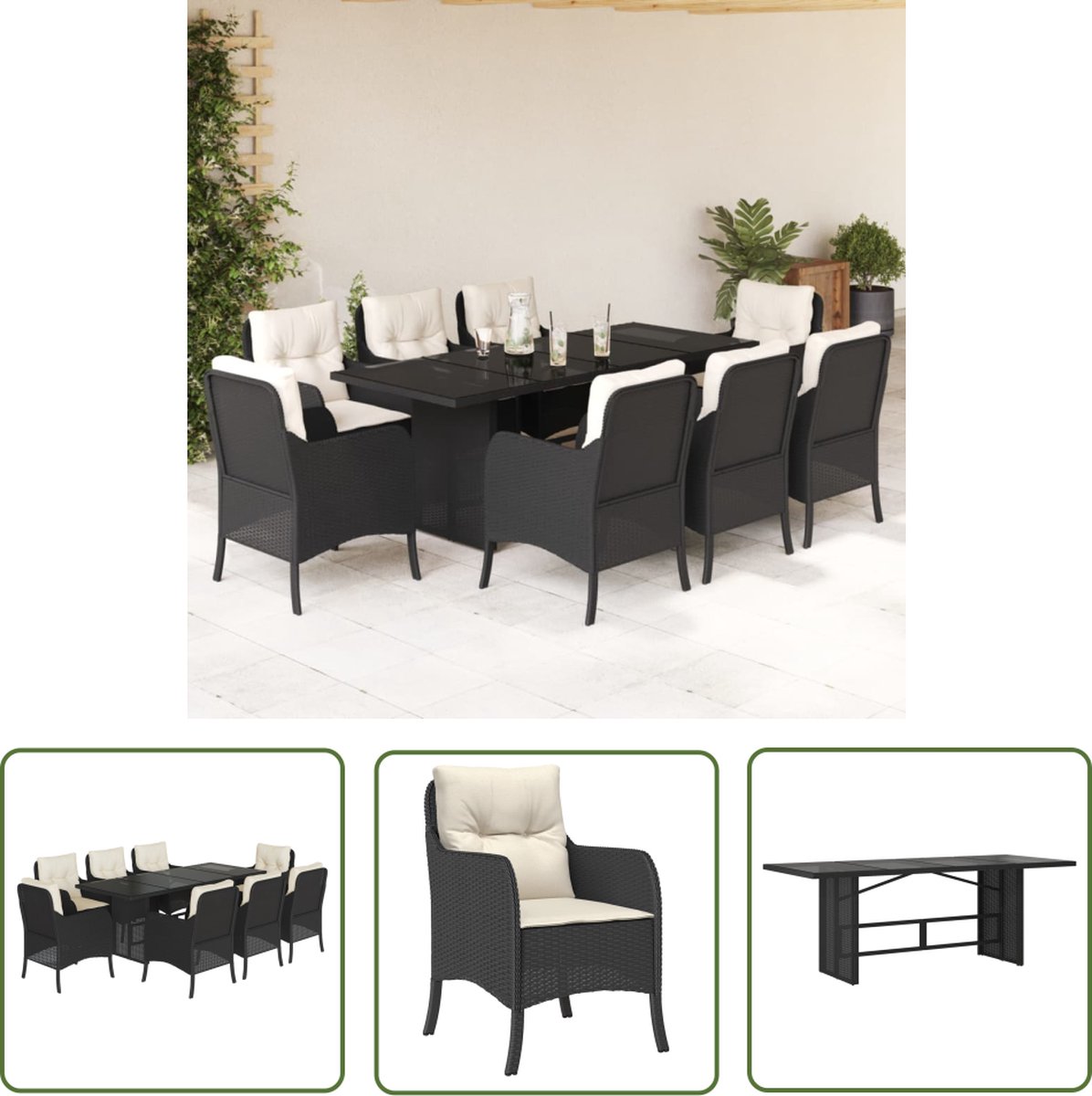 The Living Store 9-delige Tuinset poly rattan zwart - Tuinset - Eetkamerset - Buitentafel - Lounge Set - Patio Furniture