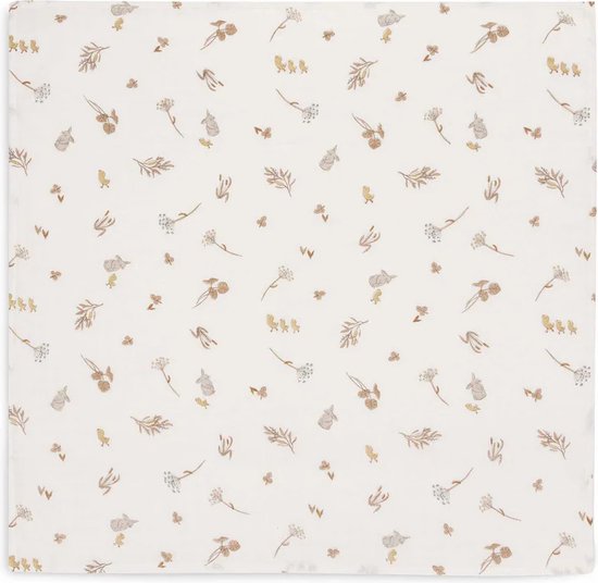 Witte hydrofiele doek met bruine print van konijnen, kuikens, bloemen en takjes.