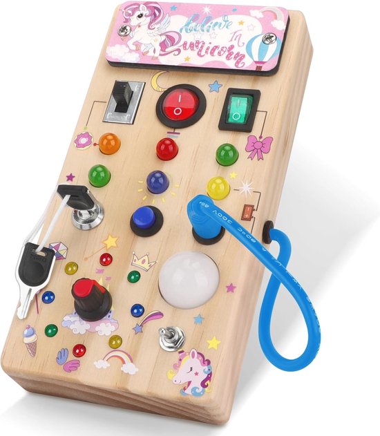 Busy Board Montessori En Bois – 10 Interrupteurs Et 23 LED Colorées – Jouet Éducatif Motricité Fine – Dès 1 An – Voyage Et Apprentissage