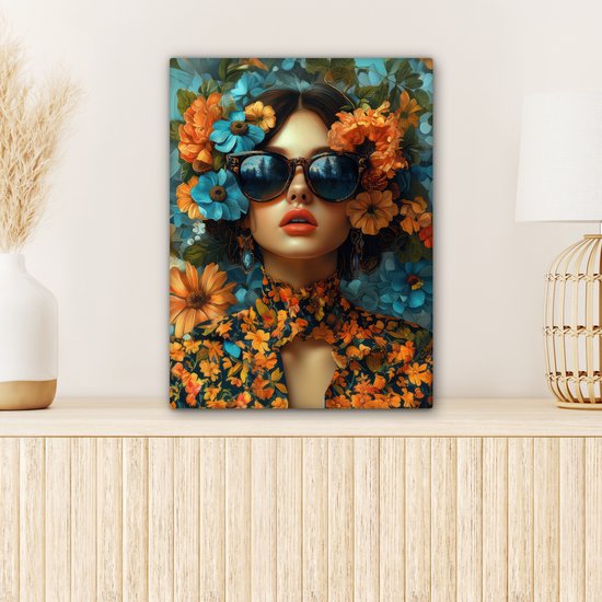 Canvas schilderij 30x40 cm - Wanddecoratie Vrouw - Bloemen - Oranje - Blauw - Modern - Muurdecoratie woonkamer - Slaapkamer decoratie - Kamer accessoires - Schilderijen op canvas