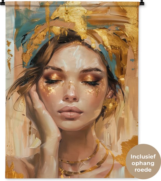 Wandkleed 90x120 cm - Wanddoek Vrouwen - Portret - Luxe - Goud - Wandtapijt - Wandkleden