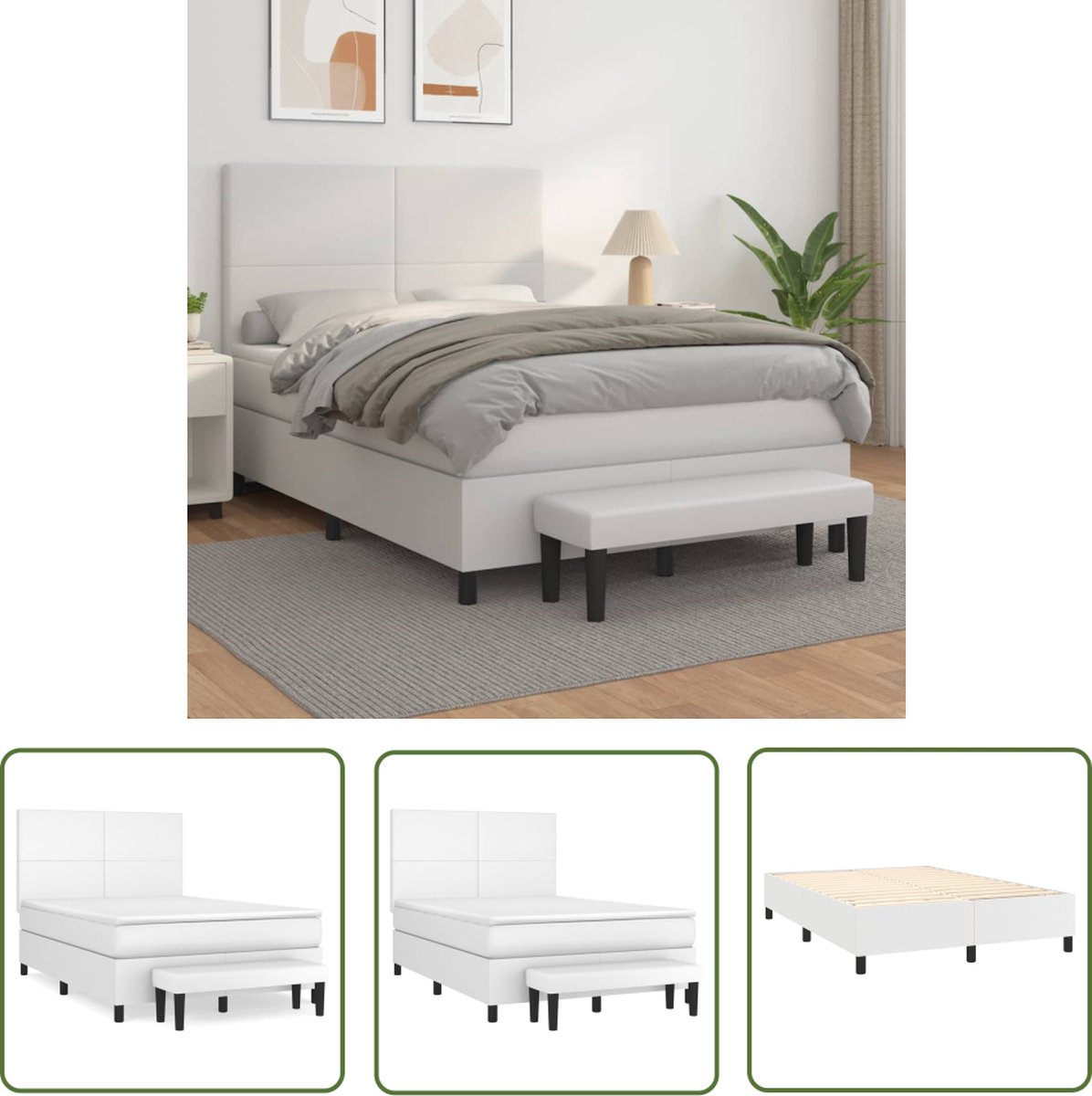 The Living Store Boxspringbed - Basic - Wit - 203 x 144 x 118/128 cm - Kunstleer