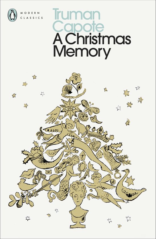 Boekomslag van 'A Christmas Memory' van Truman Capote met een kerstboom versierd met gouden illustraties van zeemeerminnen, engelen en dieren.