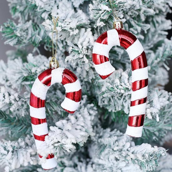 Décorations De Noël En Forme De Sucre D’Orge – Lot De 12 (6 Bonbons + 6 Suces) – Paillettes Rouges, Plastique