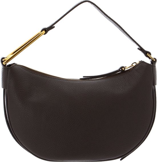Sac bandoulière marron foncé en cuir grainé Coccinelle avec fermeture éclair et détails dorés.