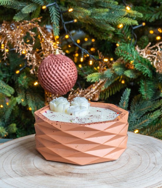 Octagon Kaarsenhouder - Vintage Roze - Handgemaakt van Duurzaam Jesmonite met Sojawaskaars, Glittereffect en Decoratieve Bloempjes – Luxe en Milieuvriendelijke Decoratie voor Huis, Cadeau, Kerst, Oudjaar, Nieuwjaar, Verjaardagen of Housewarming