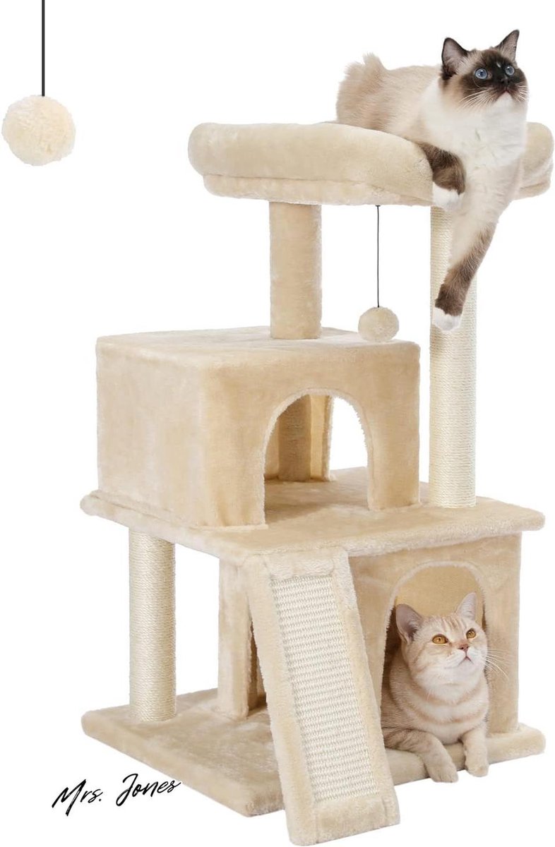 Mrs. Jones PETEPELA kattenboom – krabpaal kattenmeubel sisaltouw pluche ligbed speelhuisje holletjes speelgoed voor katten beige .