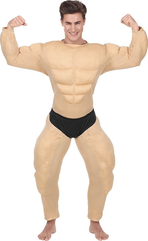 Widmann - Opblaas Dikmaak & Spierballen Kostuum - Opschepper Van De Sportschool Bodybuilder - Man - beige - Medium - Carnavalskleding - Verkleedkleding