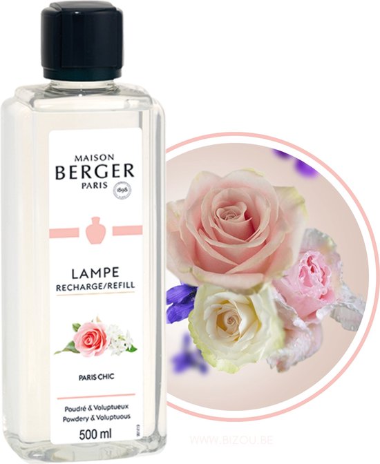 500ml Lampe Berger navulling Paris Chic, poederig en voluptueus, met roze en witte rozen.