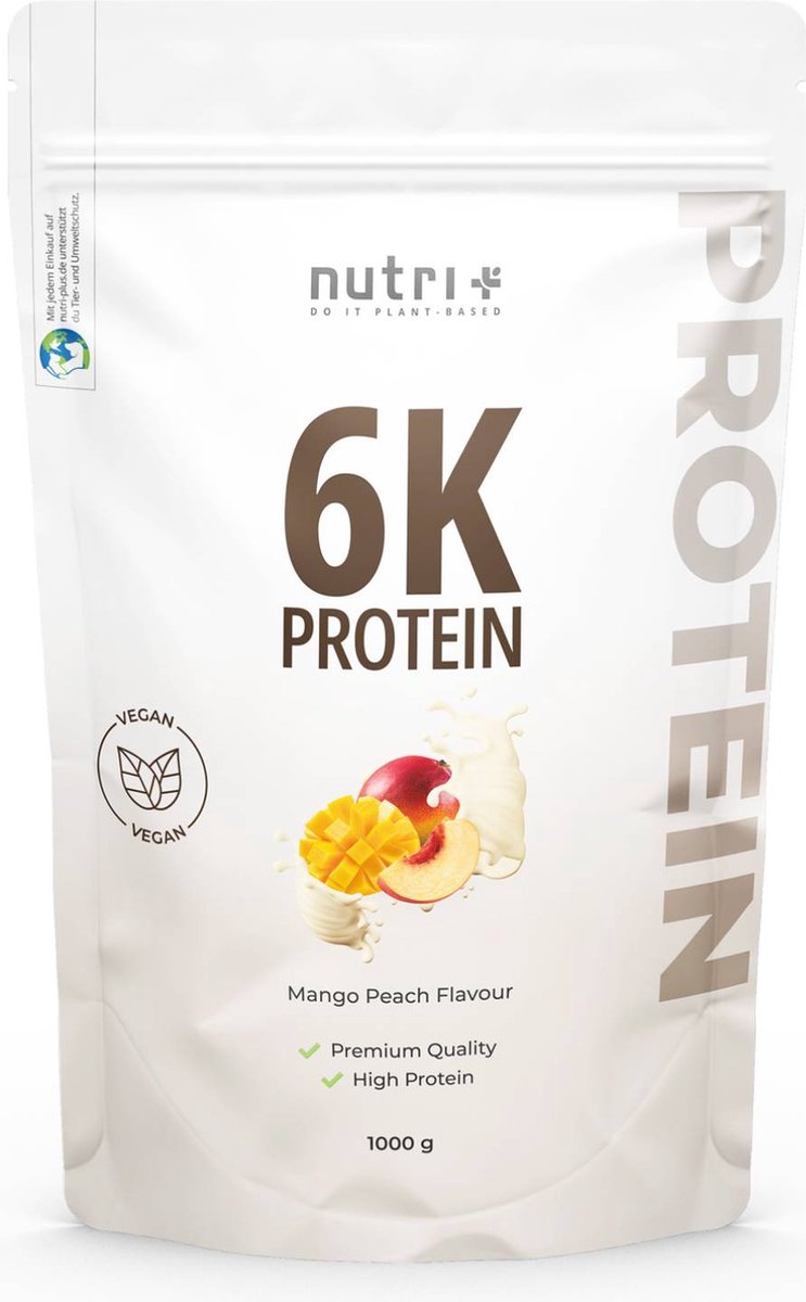 Goedkoopste nutri 6K Protein - Eiwitpoeder Mango Peach - Veganistisch proteïne poeder - met eiwitten uit zes plantaardige grondstoffen - Eiwit Shake - 1000 g