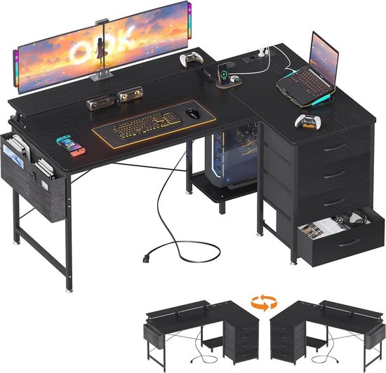 WOLTU Hoekbureau met USB-A/C-stopcontacten, 120 x 80 x 75 cm, bureau, computertafel wisselplank en stroomaansluiting, metalen frame, industrieel-retro bruin