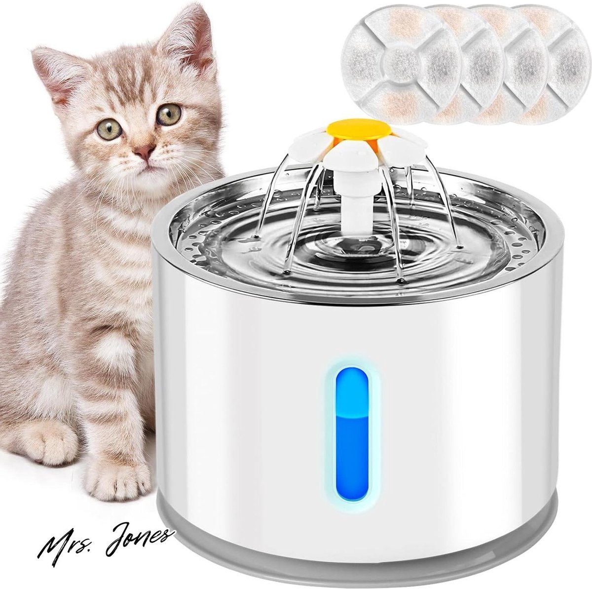 Mrs. Jones kattendrinkfontein 2.4L ultrastil met LED-licht – filtersysteem, waterstroommodi, koolfilters .