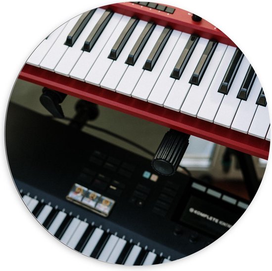 Dibond Wandcirkel - Rode/Zwarte Piano - 100x100cm Foto op Aluminium Wandcirkel (met ophangsysteem)