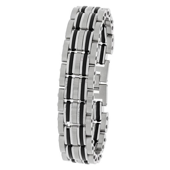 Lucardi Heren Armband mat/glans met zwarte accenten - Staal - Armband - Cadeau - Vaderdag - 22 cm - Zilverkleurig