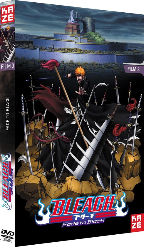 DVD-hoes van Bleach: Fade to Black met Ichigo in een regen van zwaarden en een stoere uitdrukking.