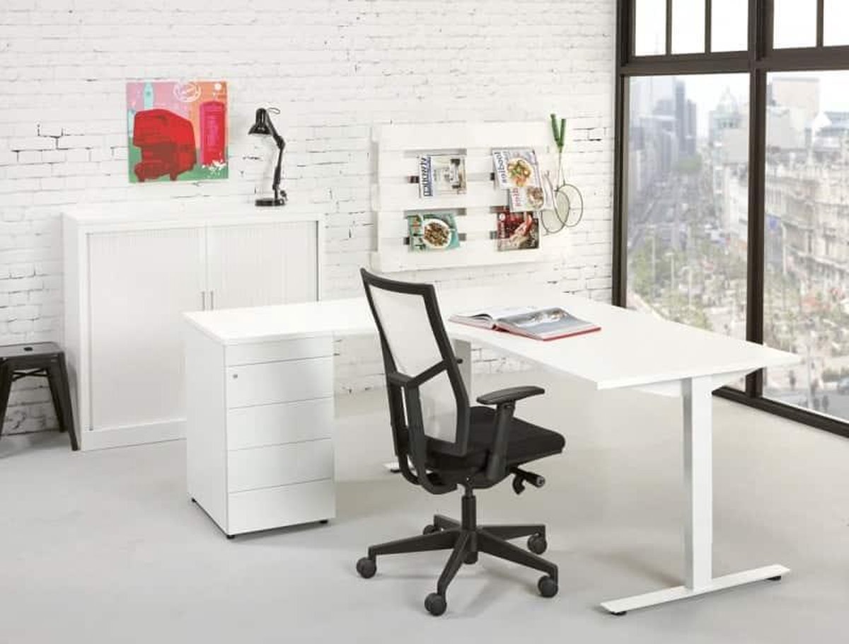 ABC Kantoormeubelen Ergonomisch t-poot wingbureau Design Teez breed 180CM diep 120CM bladkleur Kersen framekleur Wit (RAL9010) wingzijde Rechts Wit (RAL9010)/Kersen