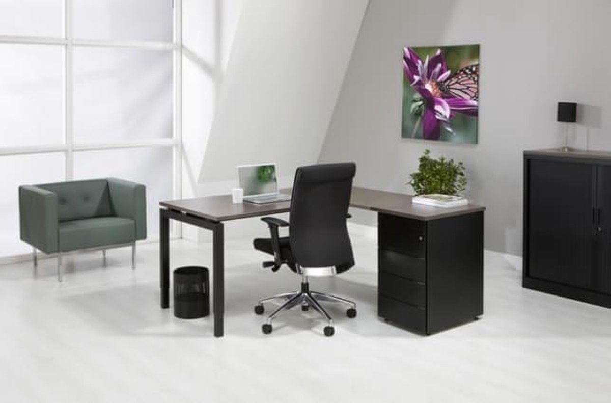 ABC Kantoormeubelen 4-Poots hoekbureau met ladenblok Kubus 180 x160cm Ladeblok 3 lades met pennenlade bladkleur Lichtgrijs framekleur Wit (RAL9010) hoek Rechts Wit (RAL9010)/Lichtgrijs