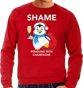 Pinguin Kerstsweater / Kersttrui Shame penguins with champagne rood voor heren - Kerstkleding / Christmas outfit L