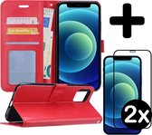 Hoes voor iPhone 12 Hoesje Book Case Met 2x Screenprotector Full Cover 3D Tempered Glass - Hoes voor iPhone 12 Case Hoesje Cover - Hoes voor iPhone 12 Hoes Wallet Case Hoesje - Roo