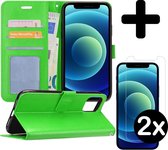 Hoesje Geschikt voor iPhone 12 Pro Hoesje Book Case Hoes Portemonnee Cover Walletcase Met 2x Screenprotector - Hoes Geschikt voor iPhone 12 Pro Hoes Bookcase Hoesje - Groen