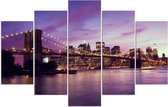 Schilderij , Zonsondergang in Manhattan ,Paars zwart ,4 maten , 5 luik , wanddecoratie , Premium print , XXL