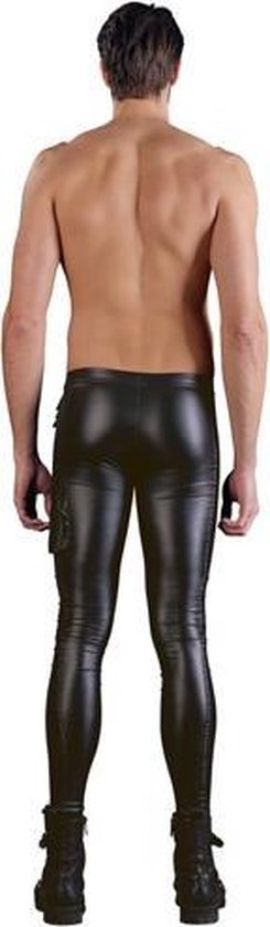 Zwarte Latex Broek voor Heren met Witte Zijstrepen,Modieuze Latex Leggings,Geschikt voor Clubcosplaykostuums-XXL